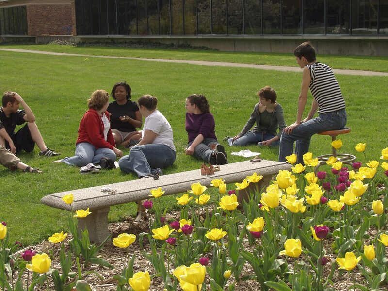 Students sitting on a lawn in spring